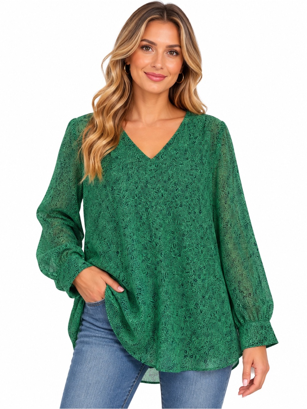 Cabi Women’s Green Paisley Blouse Long Sleeve V Neck Sheer Chiffon Boho Tunic To